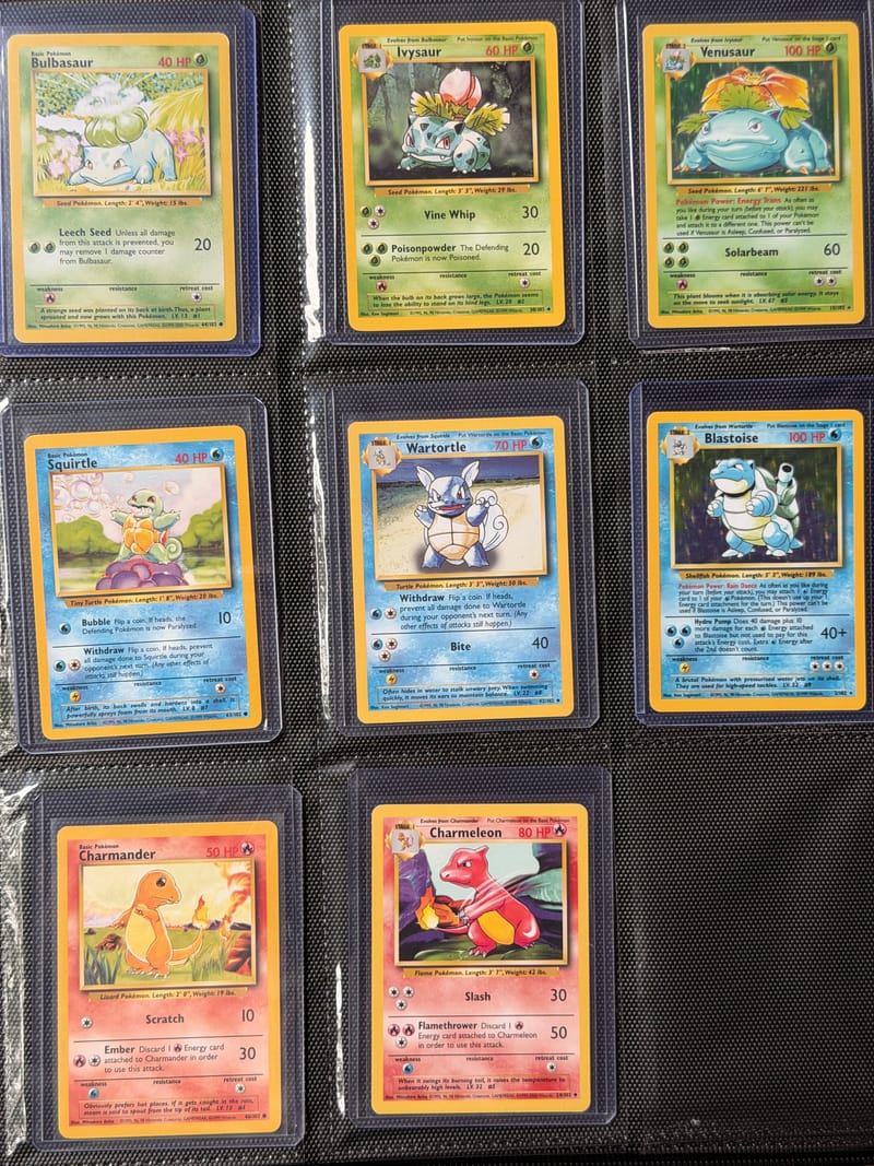 A binder page of Base Set Unlimited starters: the Bulbasaur, Squirtle and Charmander lines, each in a toploader