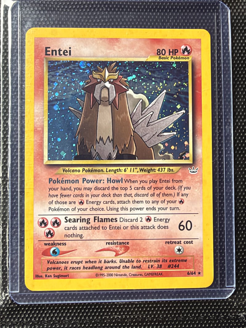 Neo Revelation Entei 6/64, a holo with a speckled foil in the art box