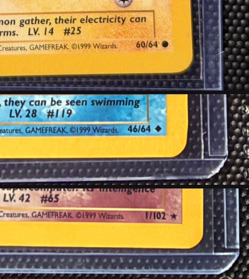 Close-ups of three card numbers: Jungle Pikachu 60/64 with a circle, Jungle Seaking 46/64 with a diamond, Base Set Alakazam 1/102 with a star