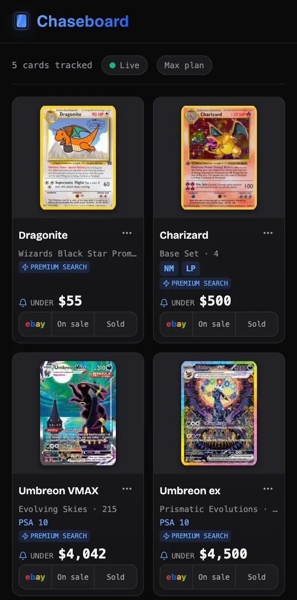 A real Chaseboard board on a phone: tiles for Dragonite, Base Set Charizard, Umbreon VMAX and Umbreon ex, each with its card art and target price